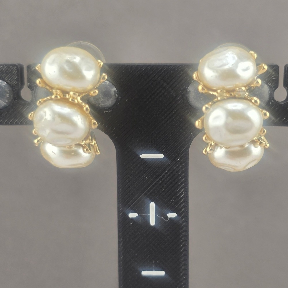 Vintage St John Estate Clip On Earrings Gold Tone Faux Pearl Cluster